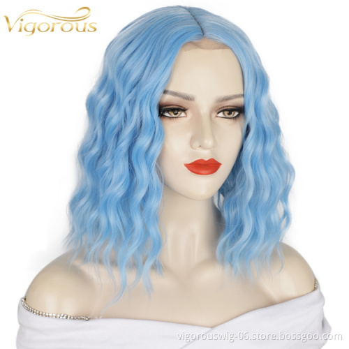 Natural Vendors Fiber Good Quality Cheap For Women Blue High Temperature Water Wave Synthetic Wigs Lace Front